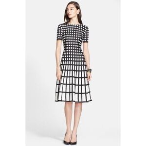 🛍️St. John Tubular Box Wool Knit Flared Dress Midi Short Sleeve Windowpane